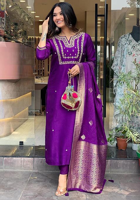 Purple Embroidered Chanderi Viscose Kurta Set