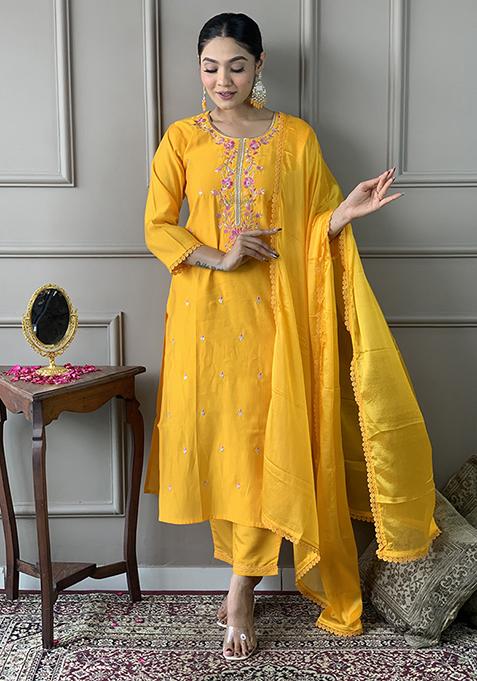 Yellow Embroidered Chanderi Viscose Kurta Set