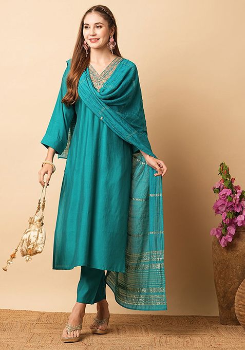 Teal Embroidered Chanderi Silk Kurta Set