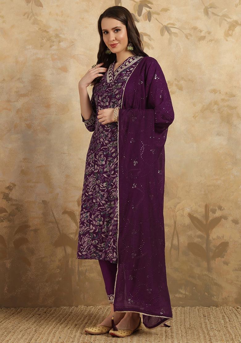 Dark Purple Embroidered Chanderi Viscose Kurta Set