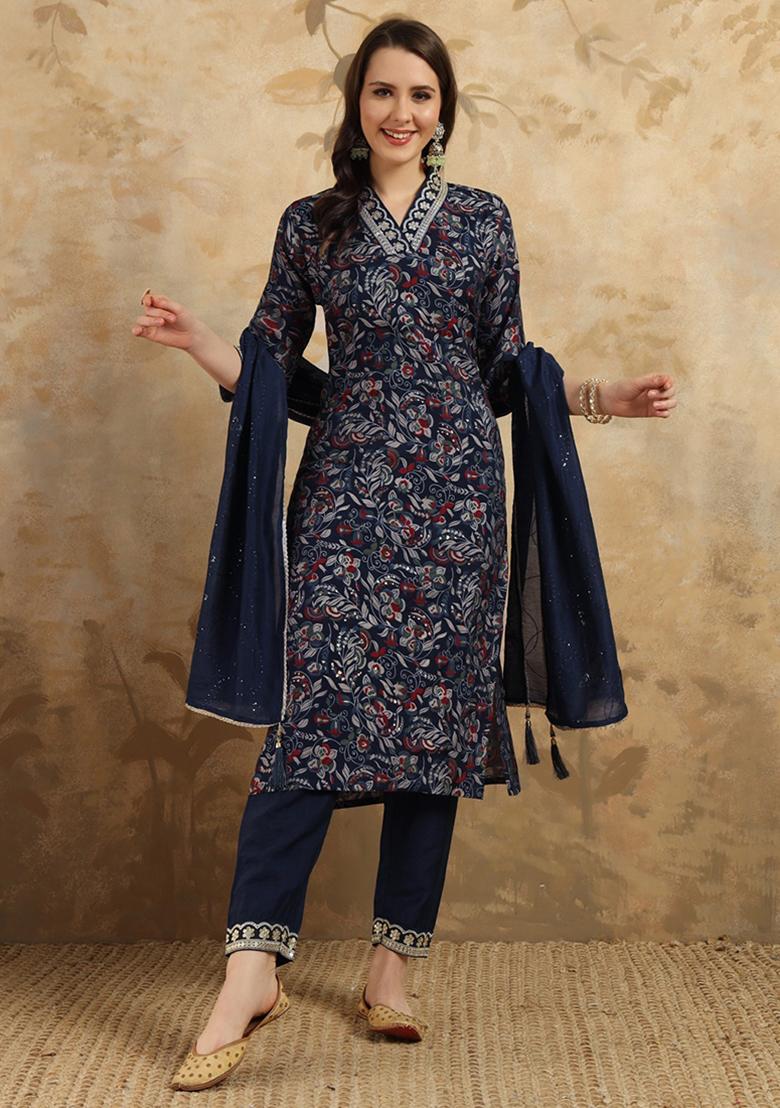 Navy Blue Embroidered Chanderi Viscose Kurta Set