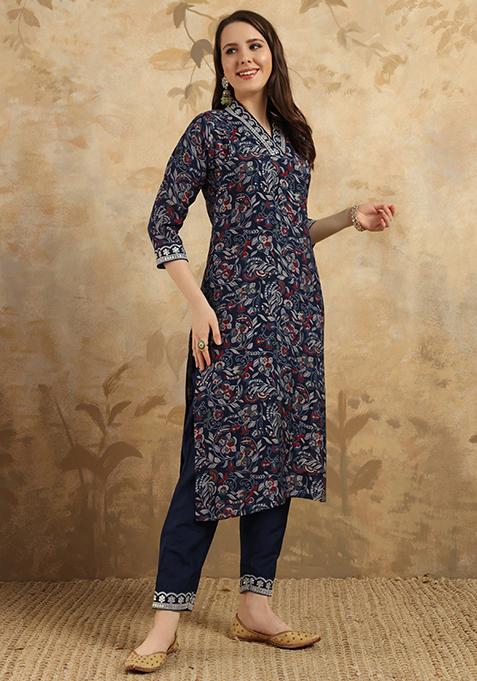 Navy Blue Embroidered Chanderi Viscose Kurta Set