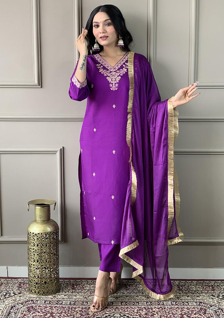 Purple Embroidered Chanderi Viscose Kurta Set