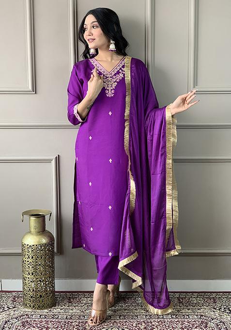 Purple Embroidered Chanderi Viscose Kurta Set