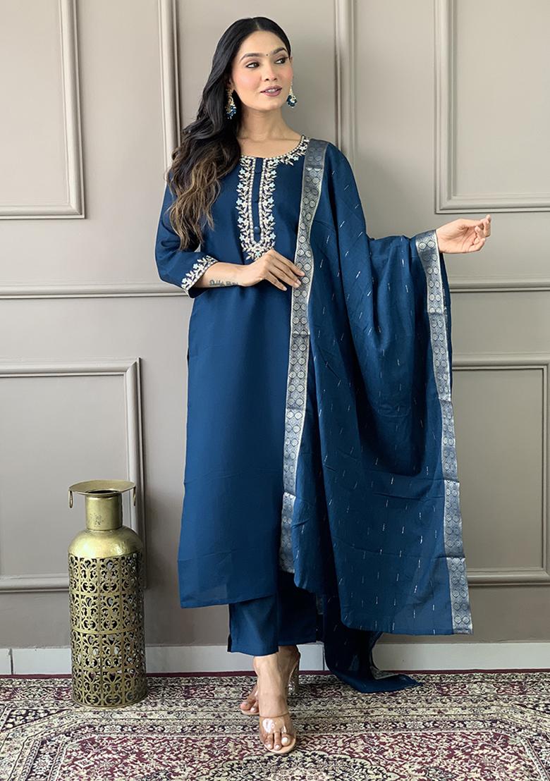 Teal Embroidered Chanderi Viscose Kurta Set