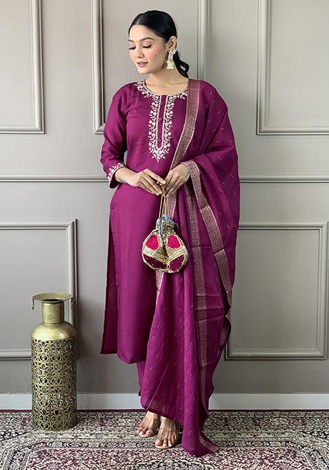 Purple Embroidered Chanderi Viscose Kurta Set