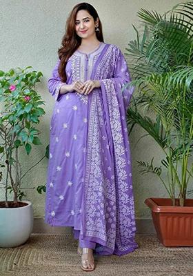 Lavender Embroidered Cotton Kurta Set