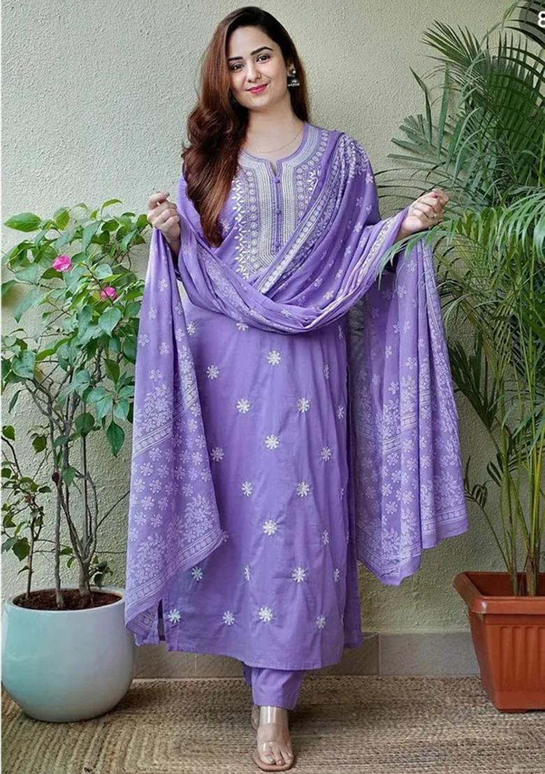 Lavender Embroidered Cotton Kurta Set