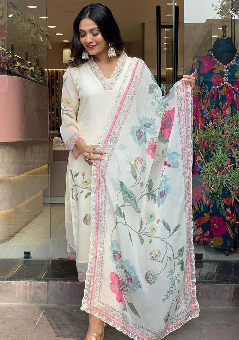 Cream Embroidered Organza Kurta Set