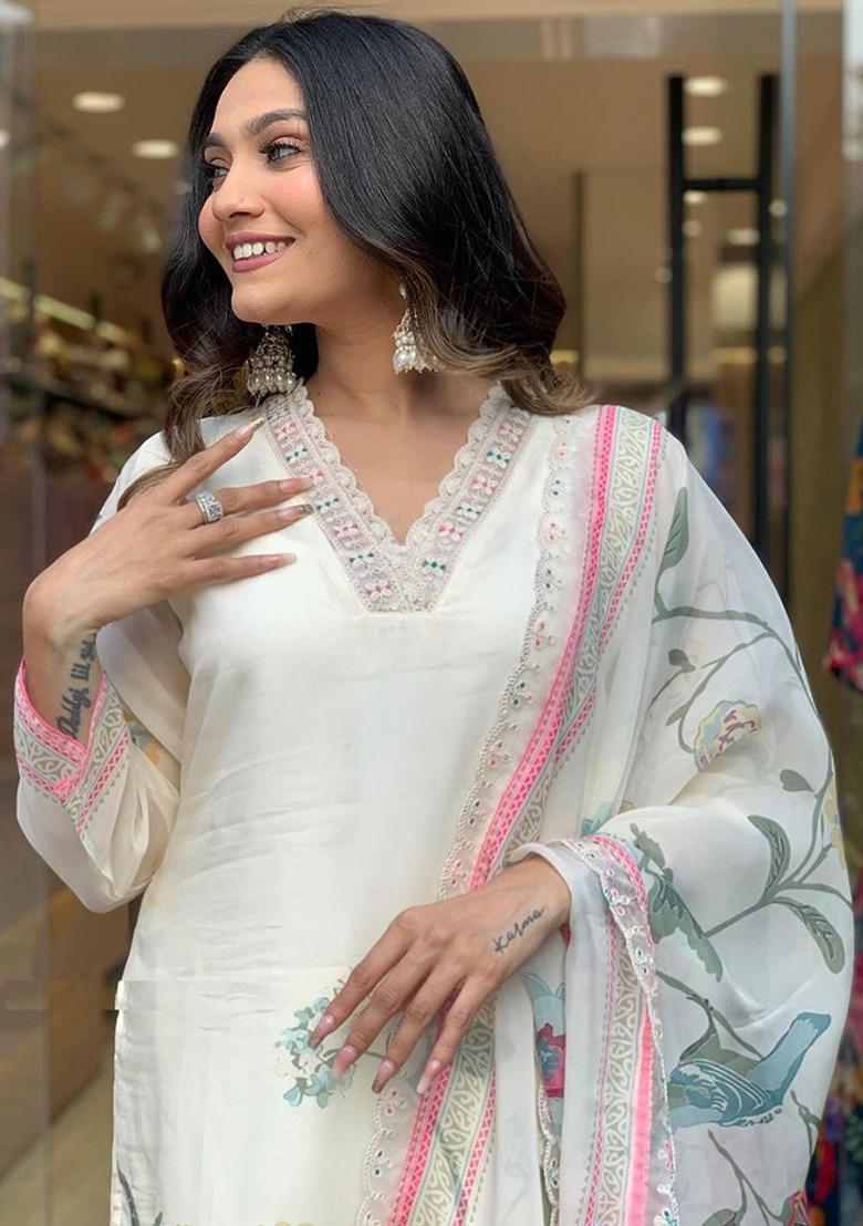 Cream Embroidered Organza Kurta Set