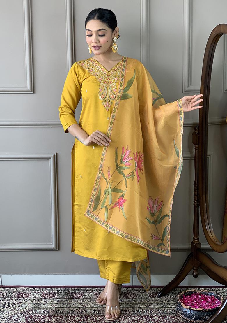 Mustard Embroidered Chanderi Viscose Kurta Set