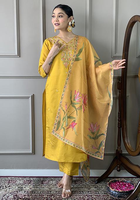 Mustard Embroidered Chanderi Viscose Kurta Set