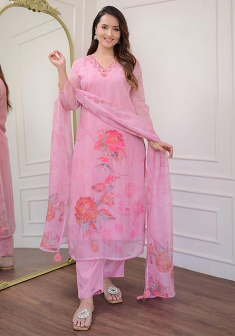 Pink Embroidered Organza Kurta Set