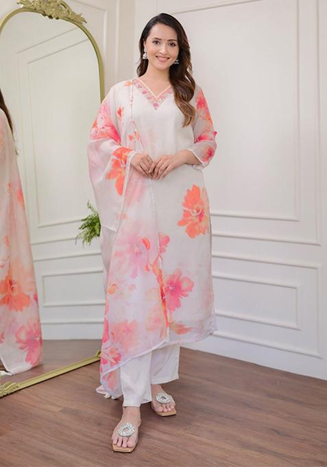 White Embroidered Organza Kurta Set