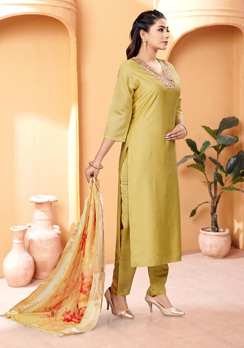 Pista Green Embroidered Chanderi Viscose Kurta Set