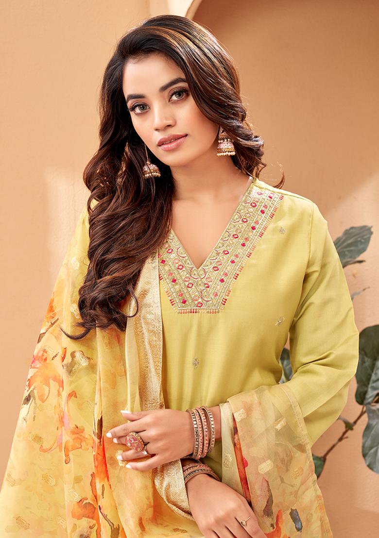 Pista Green Embroidered Chanderi Viscose Kurta Set