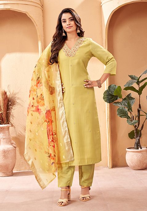 Pista Green Embroidered Chanderi Viscose Kurta Set