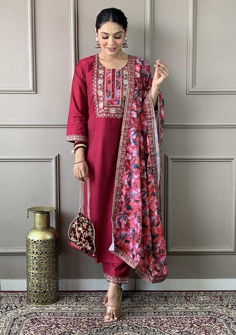 Hot Pink Embroidered Chanderi Viscose Kurta Set