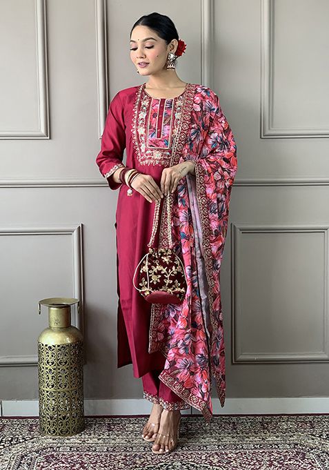 Hot Pink Embroidered Chanderi Viscose Kurta Set