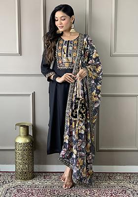 Black Embroidered Chanderi Viscose Kurta Set