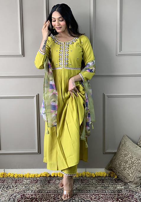 Mustard Yellow Embroidered Chanderi Viscose Kurta Set