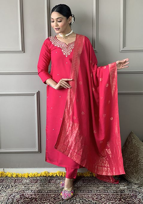 Rani Pink Embroidered Chanderi Viscose Kurta Set