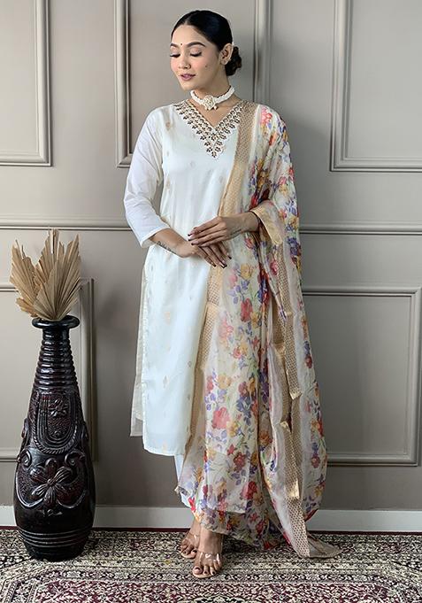 White Embroidered Viscose Kurta Set