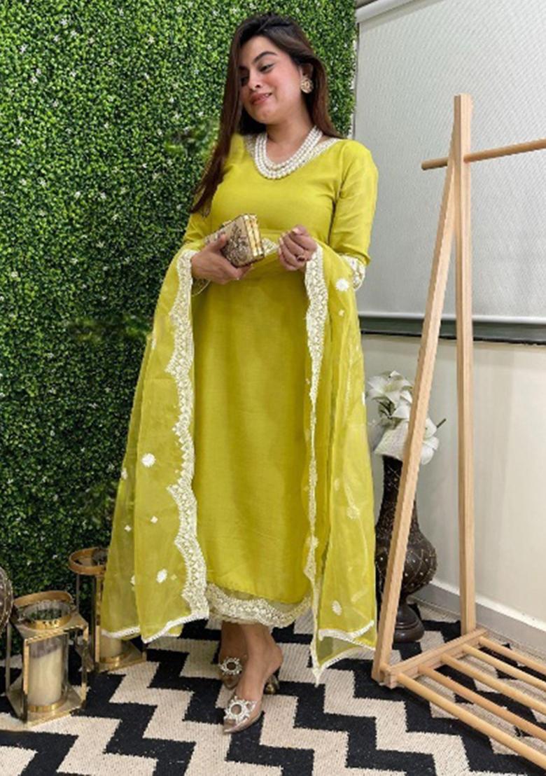 Light Green Embroidered Chanderi Kurta Set