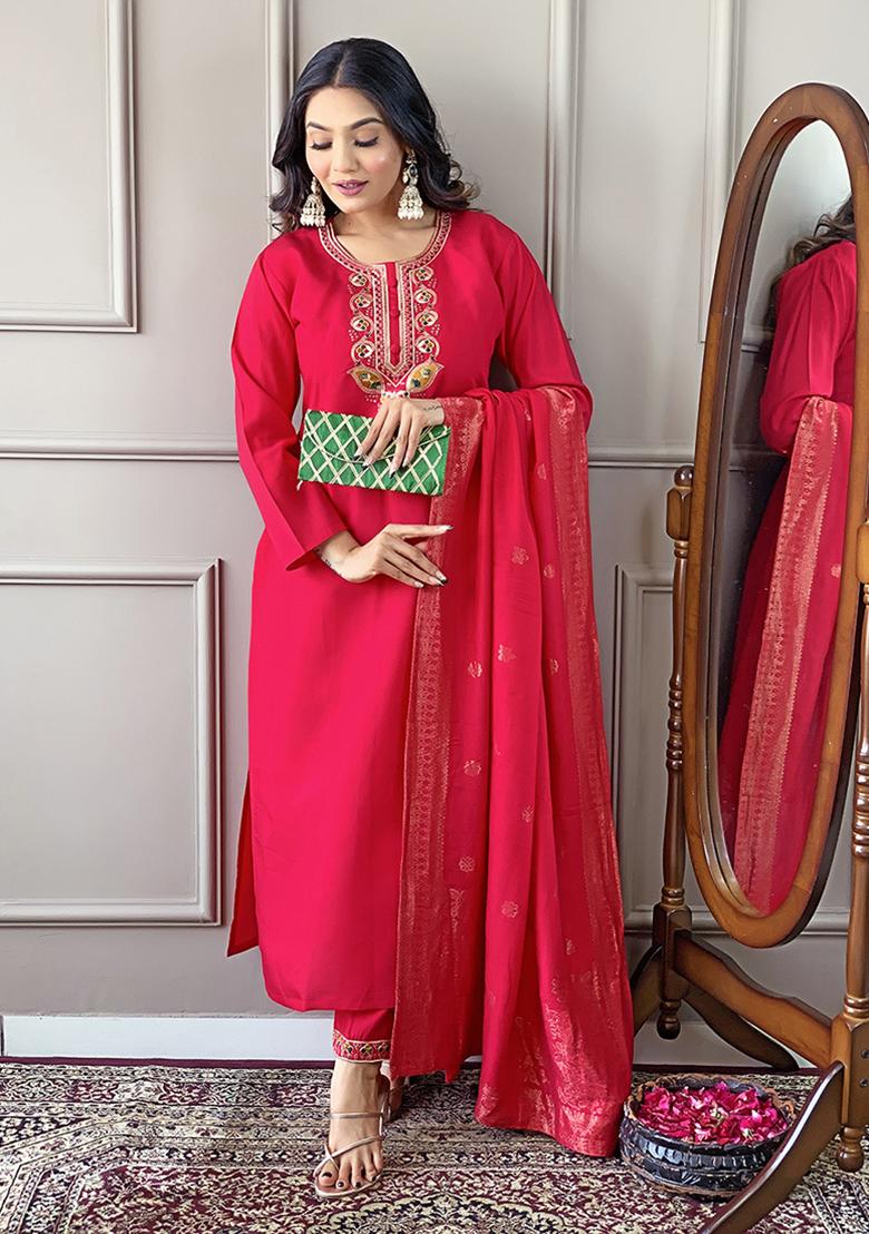 Red Embroidered Chanderi Viscose Kurta Set