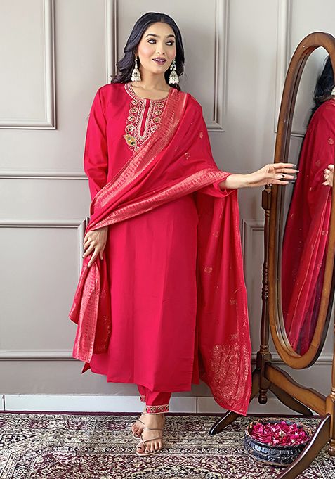 Red Embroidered Chanderi Viscose Kurta Set