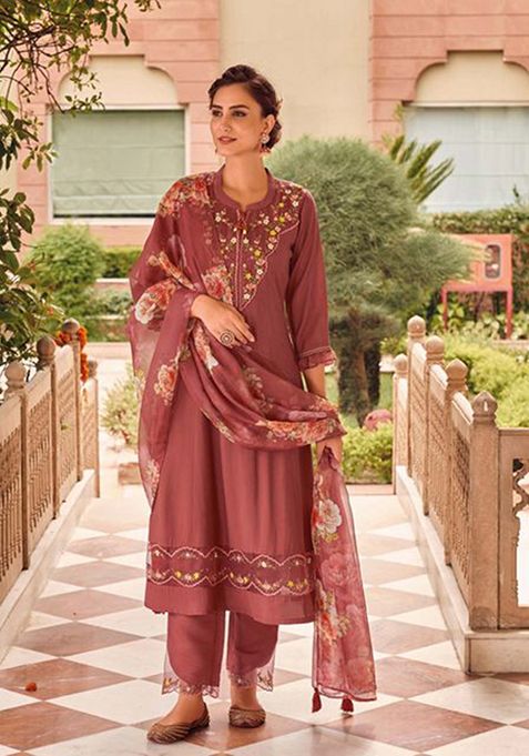 Maroon Embroidered Muslin Kurta Set