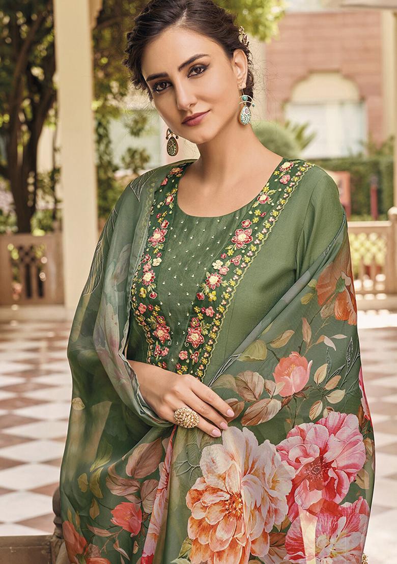 Dark Green Embroidered Muslin Kurta Set