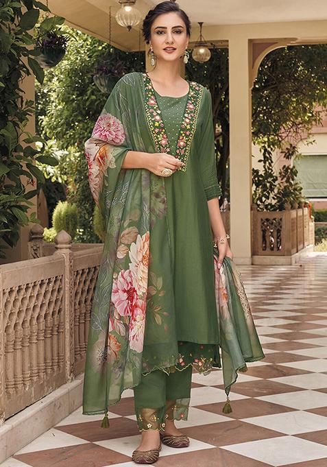 Dark Green Embroidered Muslin Kurta Set