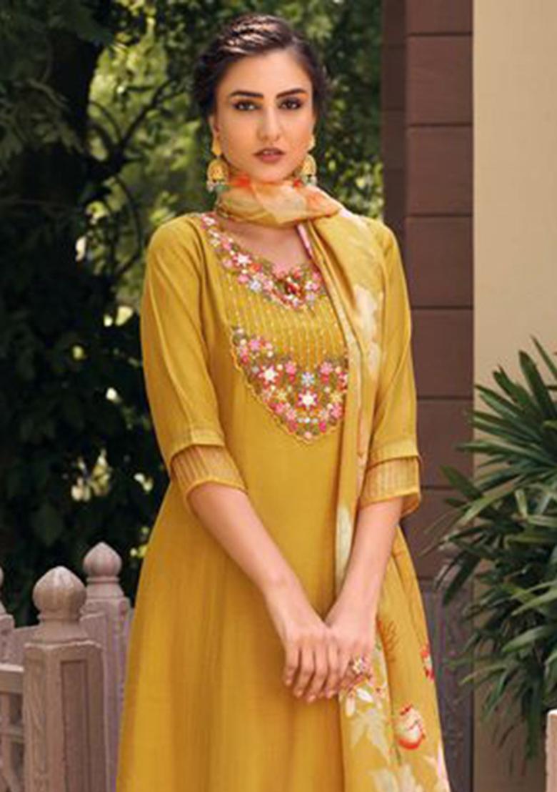 Mustard Embroidered Muslin Kurta Set