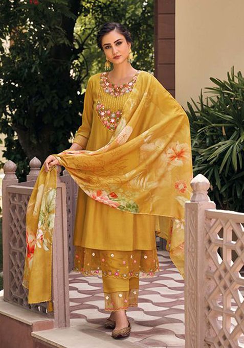 Mustard Embroidered Muslin Kurta Set