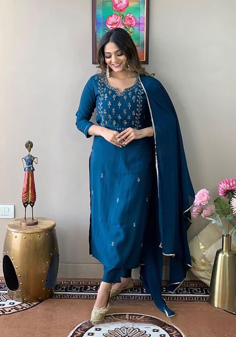 Blue Embroidered Rayon Kurta Set