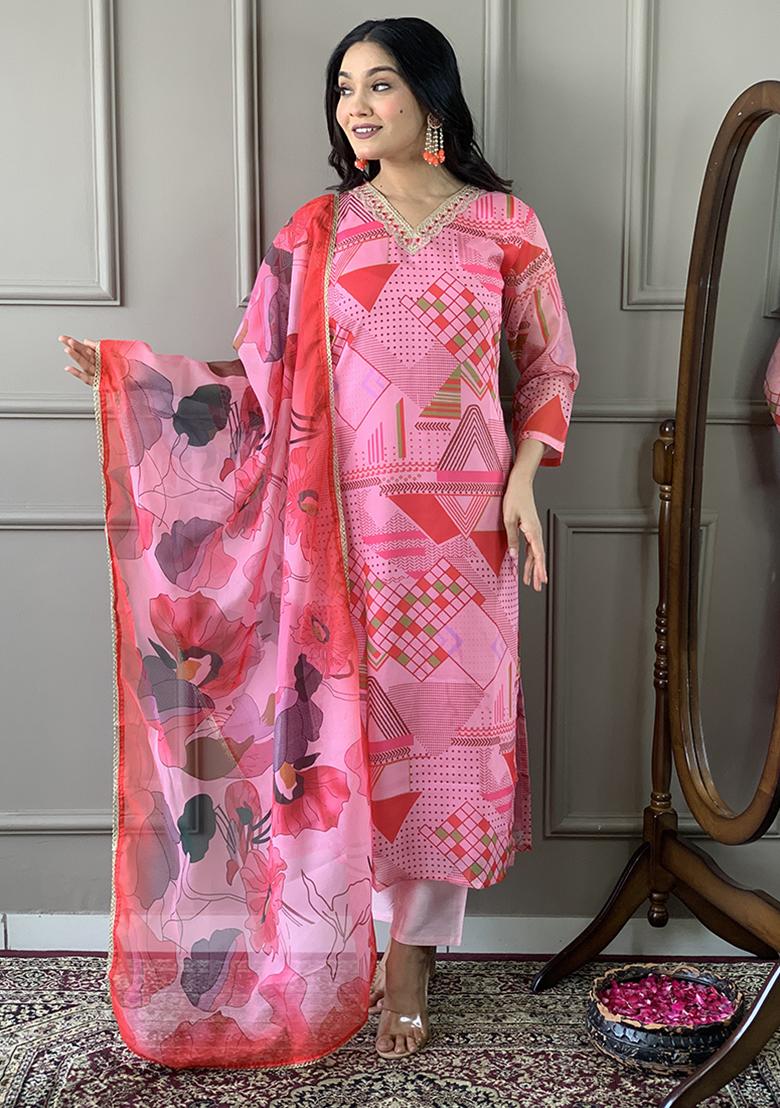 Pink Embroidered Chanderi Viscose Kurta Set