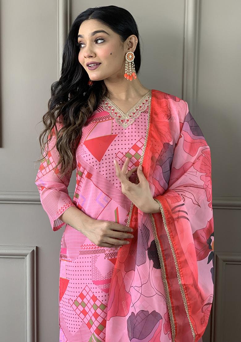 Pink Embroidered Chanderi Viscose Kurta Set