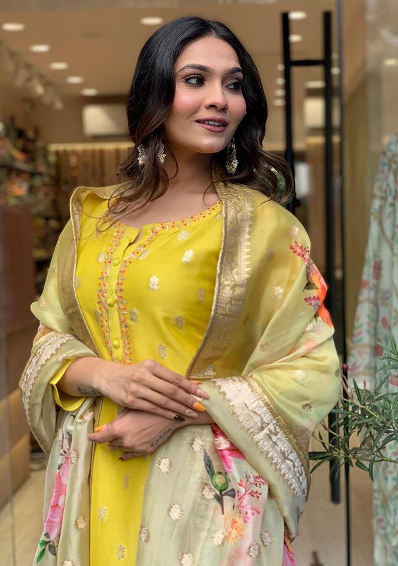 Yellow Embroidered Viscose Kurta Set