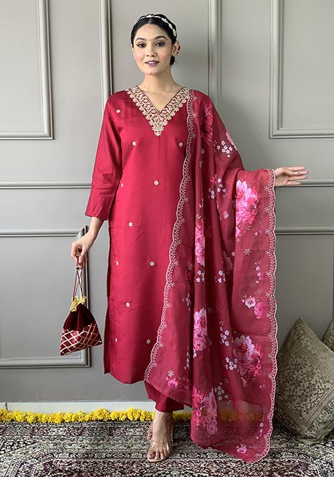 Red Embroidered Chanderi Viscose Kurta Set