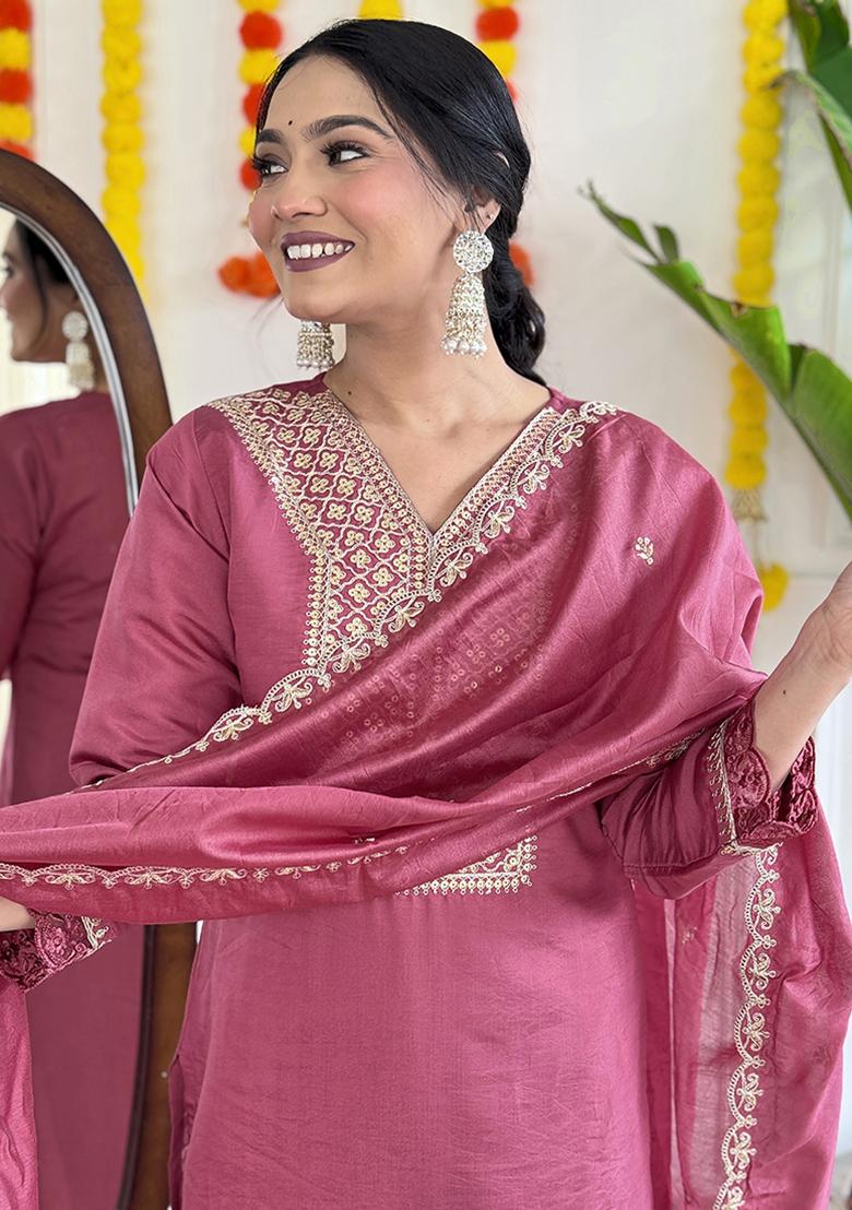Onion Pink Embroidered Chanderi Viscose Kurta Set