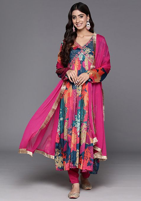 Multicolour Embroidered Chiffon Kurta Set