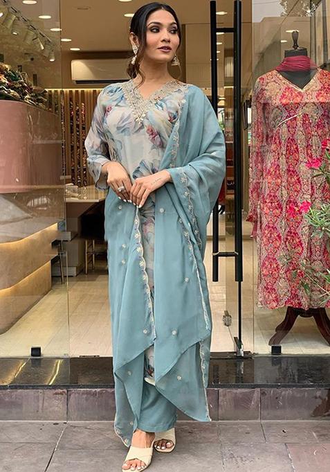 Sky Blue Embroidered Organza Kurta Set