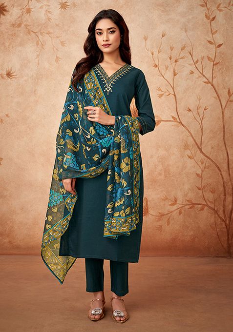 Dark Teal Embroidered Chanderi Viscose Kurta Set