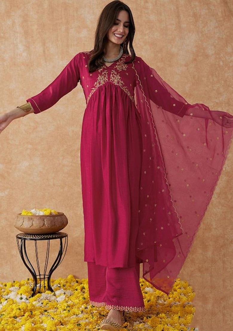 Dark Pink Embroidered Vichitra Silk Kurta Set