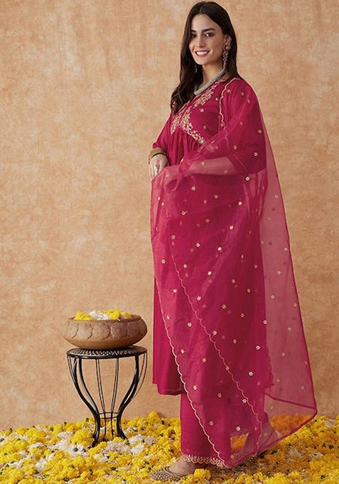 Dark Pink Embroidered Vichitra Silk Kurta Set