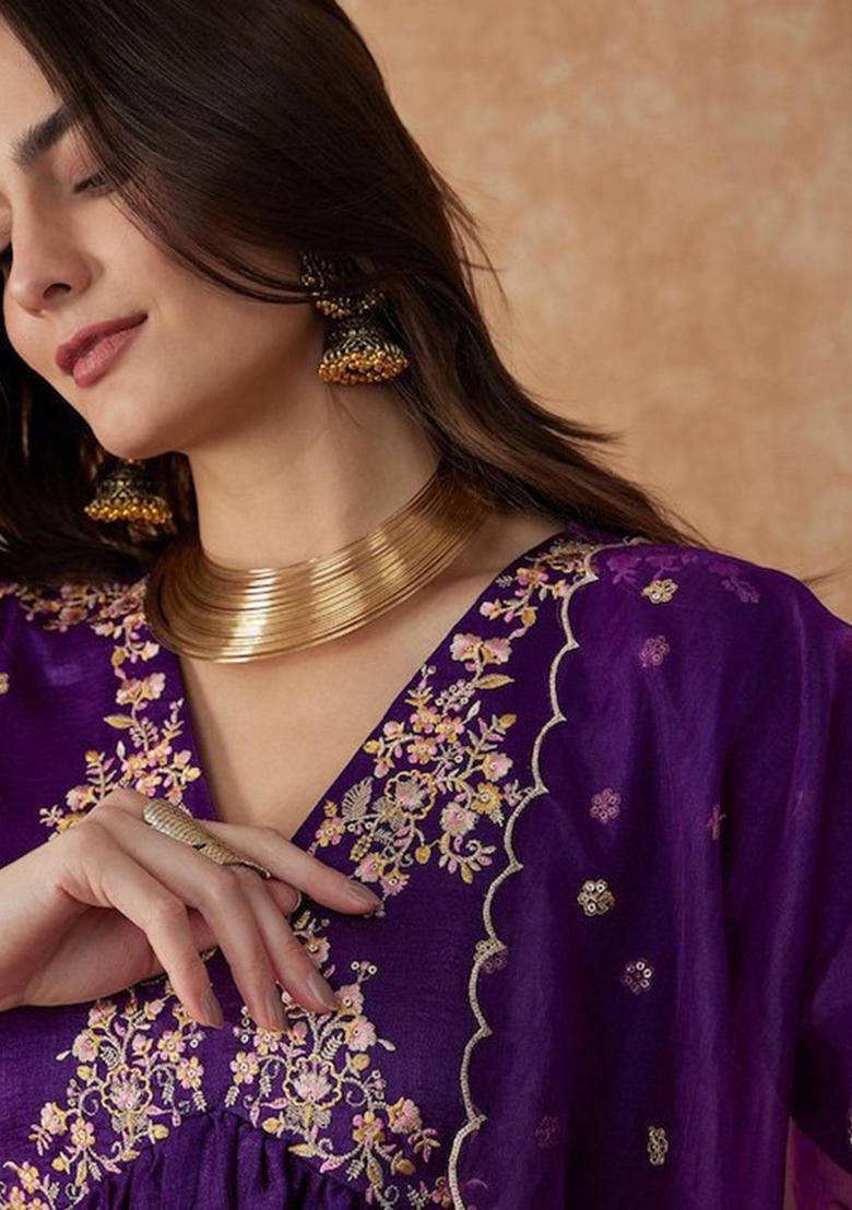Violet Embroidered Vichitra Silk Kurta Set