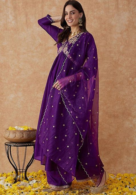 Violet Embroidered Vichitra Silk Kurta Set