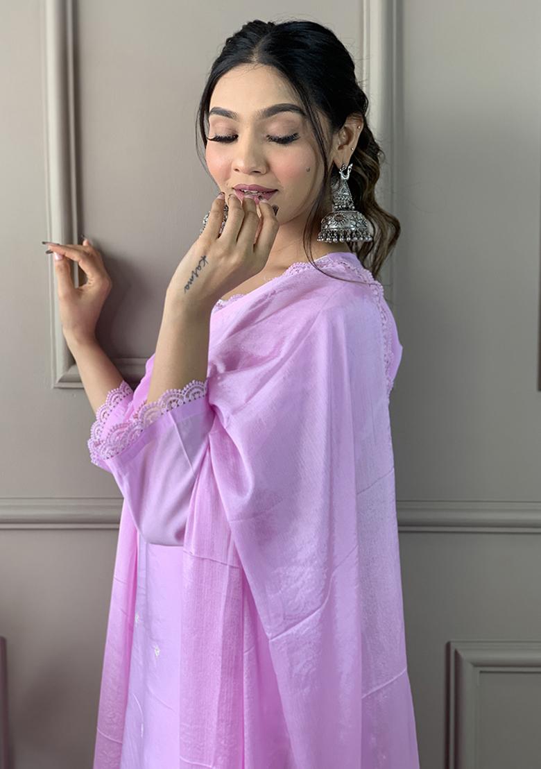 Lavender Embroidered Chanderi Viscose Kurta Set