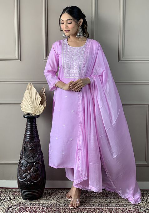 Lavender Embroidered Chanderi Viscose Kurta Set